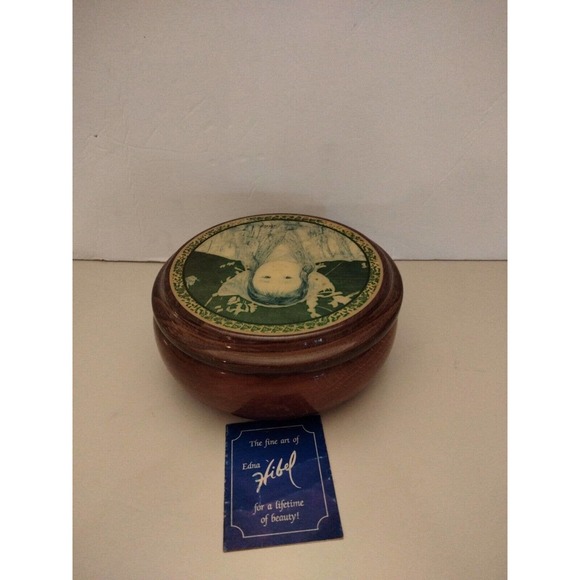 Vintage Edna Hibel Round Wood Jewelry/ Trinket Box Signed 6" round - 2.5" tall - Picture 2 of 7